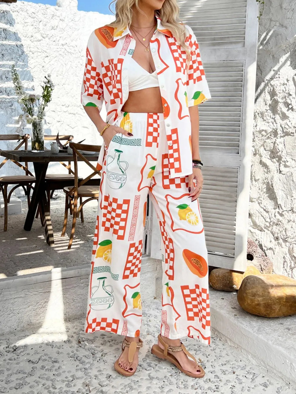 Devine Printed Collared Neck Half Sleeve Top and Pants Set - Velora Luxury Fashion