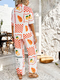 Devine Printed Collared Neck Half Sleeve Top and Pants Set - Velora Luxury Fashion