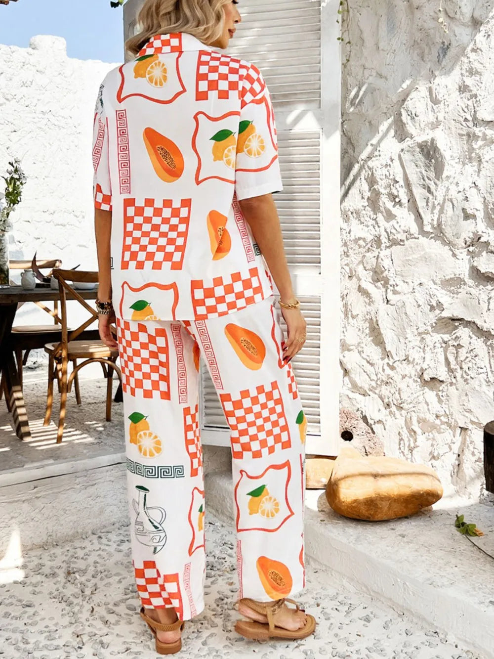 Devine Printed Collared Neck Half Sleeve Top and Pants Set - Velora Luxury Fashion