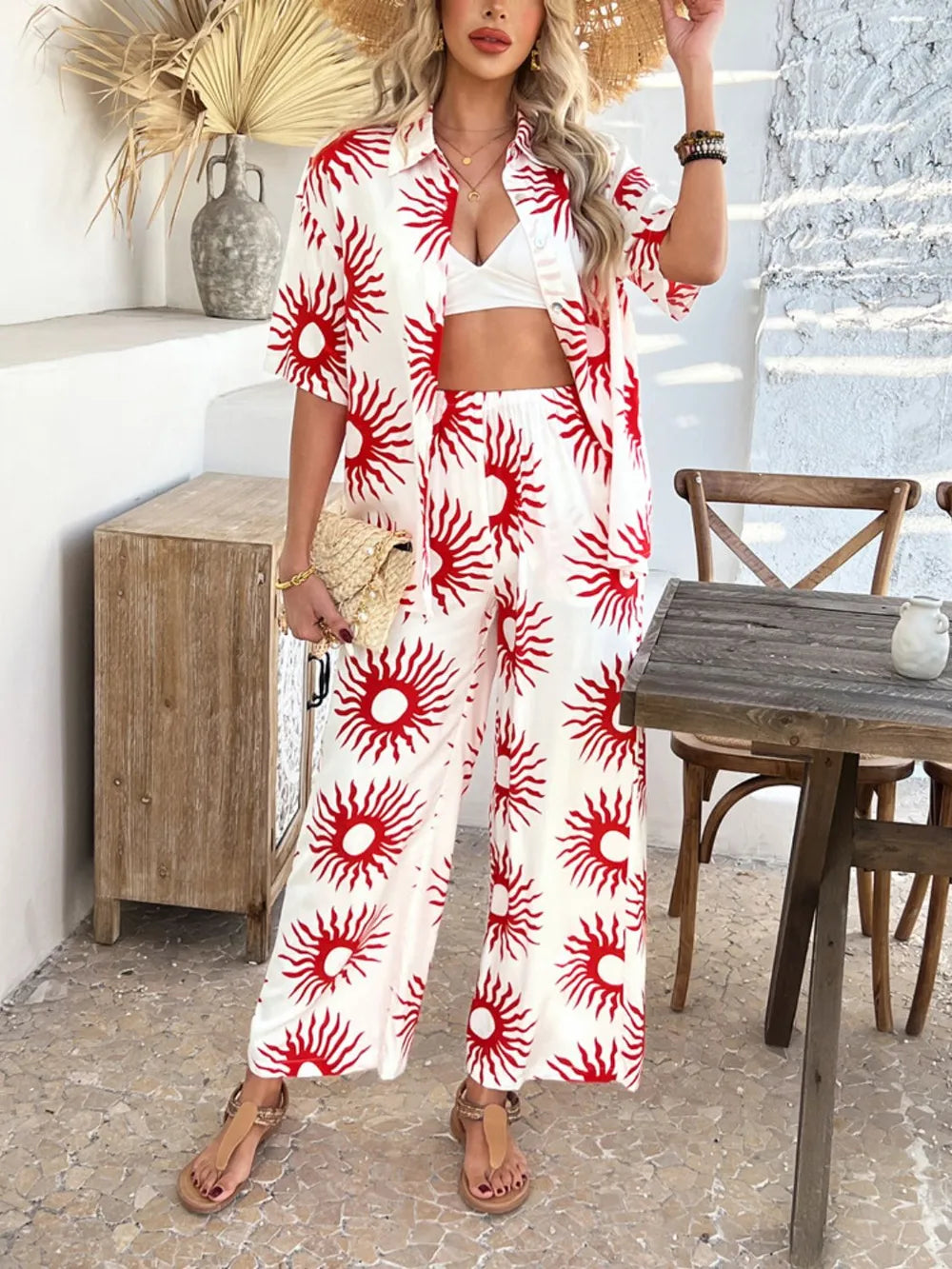 Devine Printed Collared Neck Half Sleeve Top and Pants Set - Velora Luxury Fashion