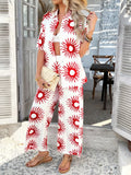Devine Printed Collared Neck Half Sleeve Top and Pants Set - Velora Luxury Fashion
