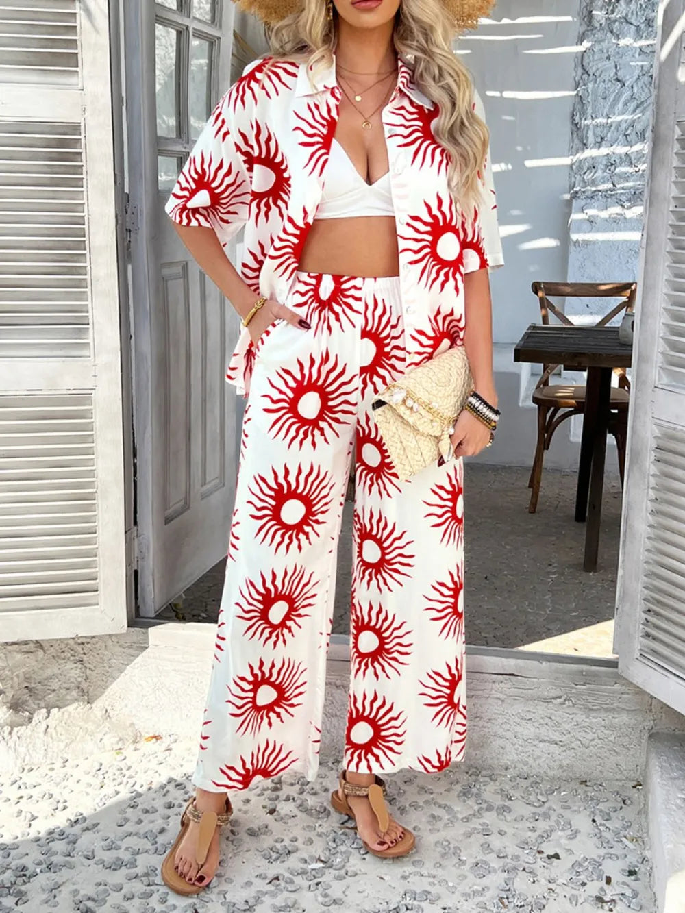 Devine Printed Collared Neck Half Sleeve Top and Pants Set - Velora Luxury Fashion