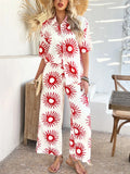 Devine Printed Collared Neck Half Sleeve Top and Pants Set - Velora Luxury Fashion