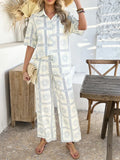 Devine Printed Collared Neck Half Sleeve Top and Pants Set - Velora Luxury Fashion