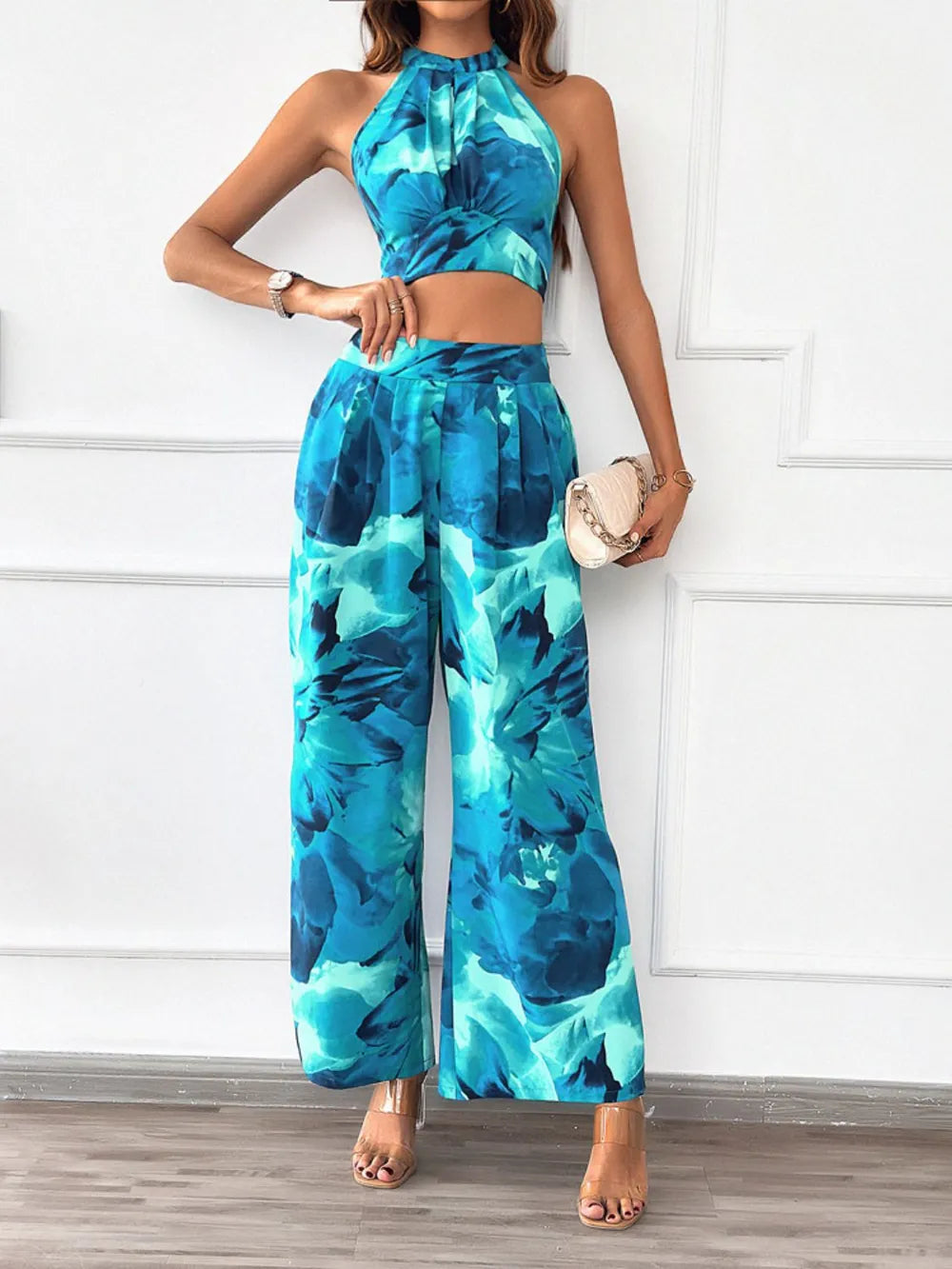 Devine Printed Halter Neck Top and Pants Set - Velora Luxury Fashion