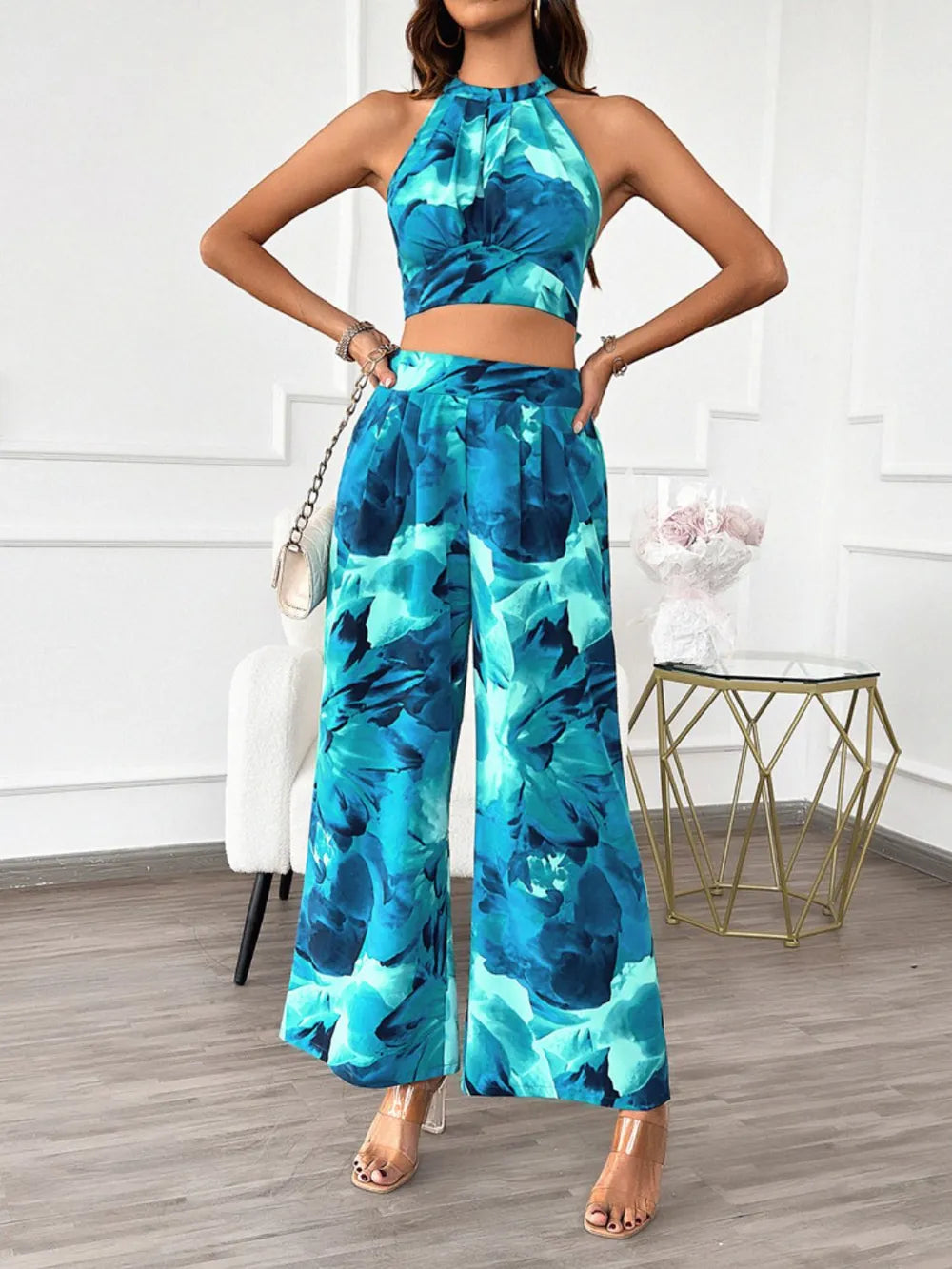 Devine Printed Halter Neck Top and Pants Set - Velora Luxury Fashion