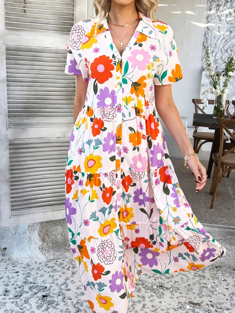 Devine Printed Johnny Collar Button Down Short Sleeve Midi Shirt Dress - Velora Luxury Fashion