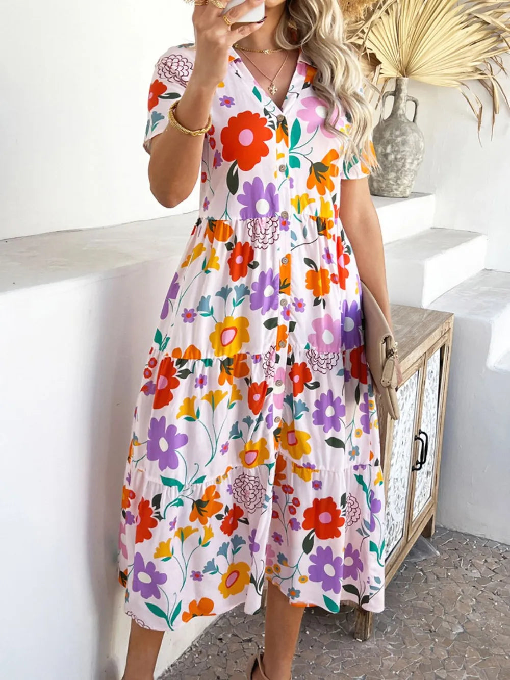 Devine Printed Johnny Collar Button Down Short Sleeve Midi Shirt Dress - Velora Luxury Fashion