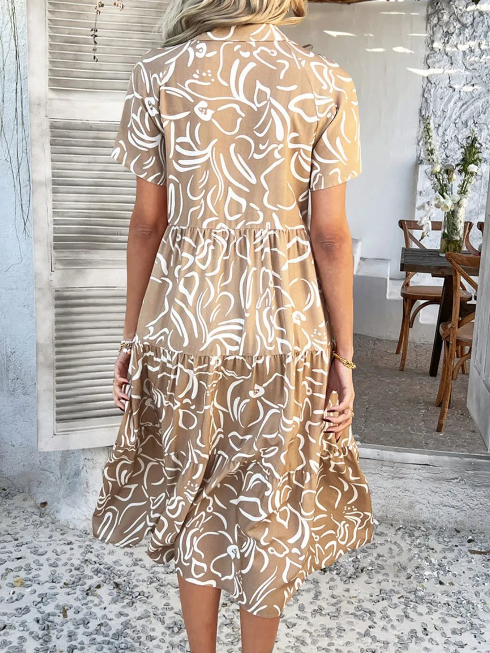 Devine Printed Johnny Collar Button Down Short Sleeve Midi Shirt Dress - Velora Luxury Fashion