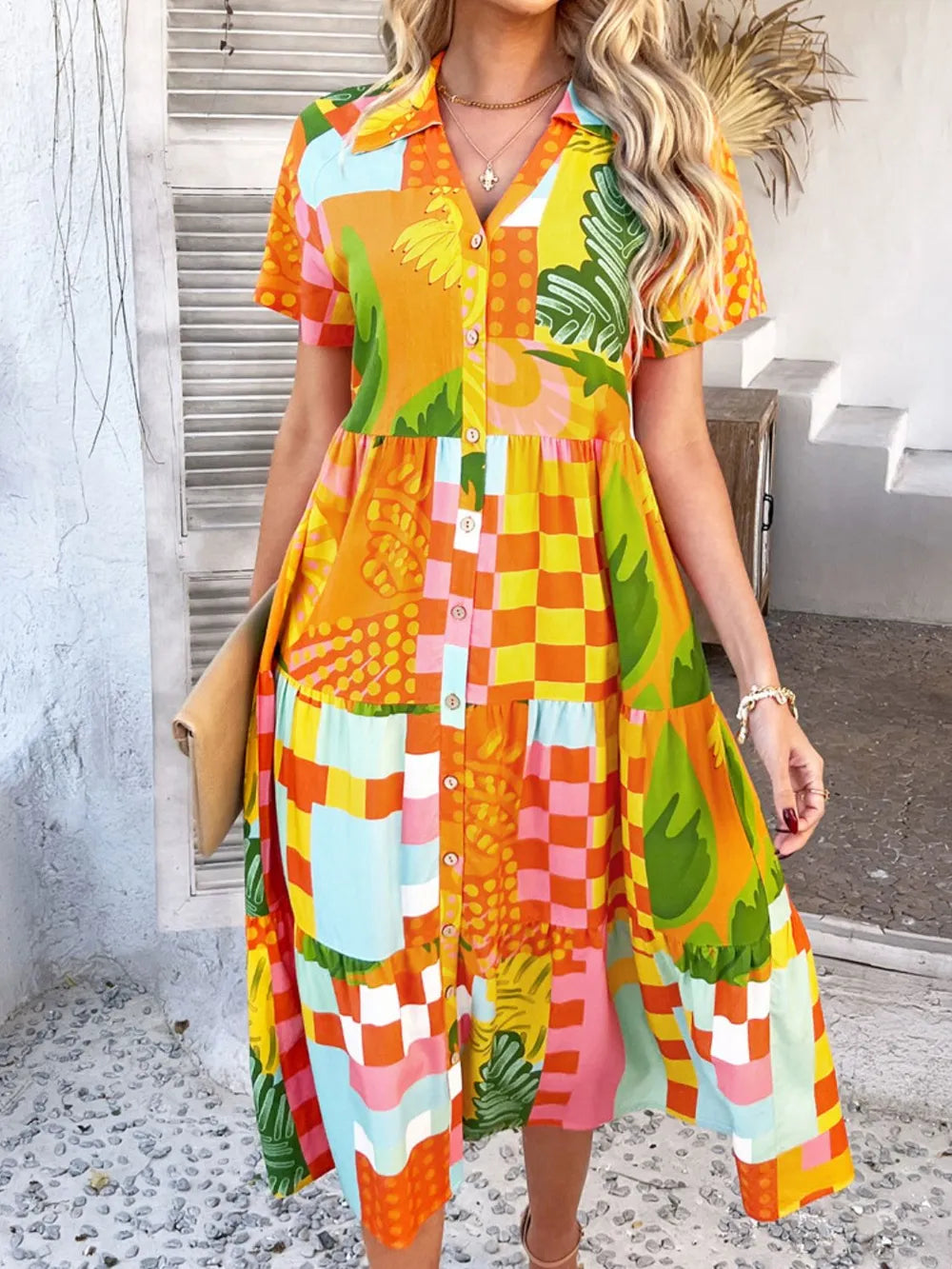 Devine Printed Johnny Collar Button Down Short Sleeve Midi Shirt Dress - Velora Luxury Fashion