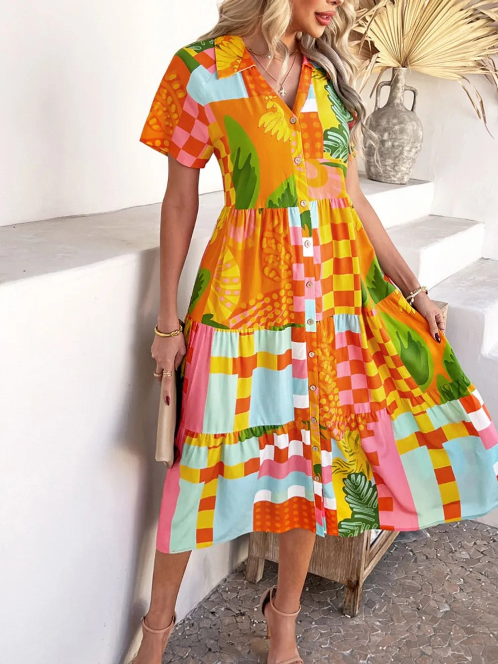 Devine Printed Johnny Collar Button Down Short Sleeve Midi Shirt Dress - Velora Luxury Fashion