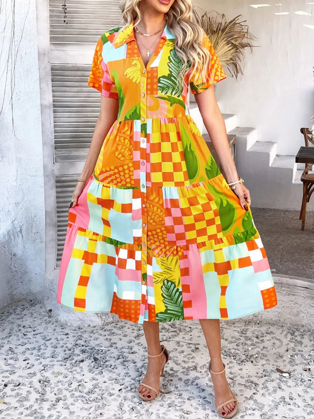 Devine Printed Johnny Collar Button Down Short Sleeve Midi Shirt Dress - Velora Luxury Fashion