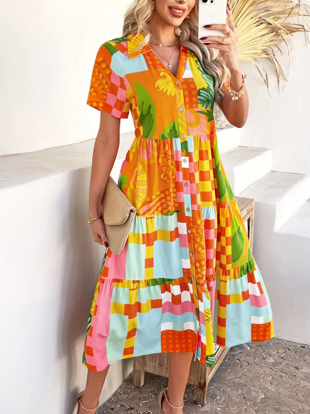 Devine Printed Johnny Collar Button Down Short Sleeve Midi Shirt Dress - Velora Luxury Fashion