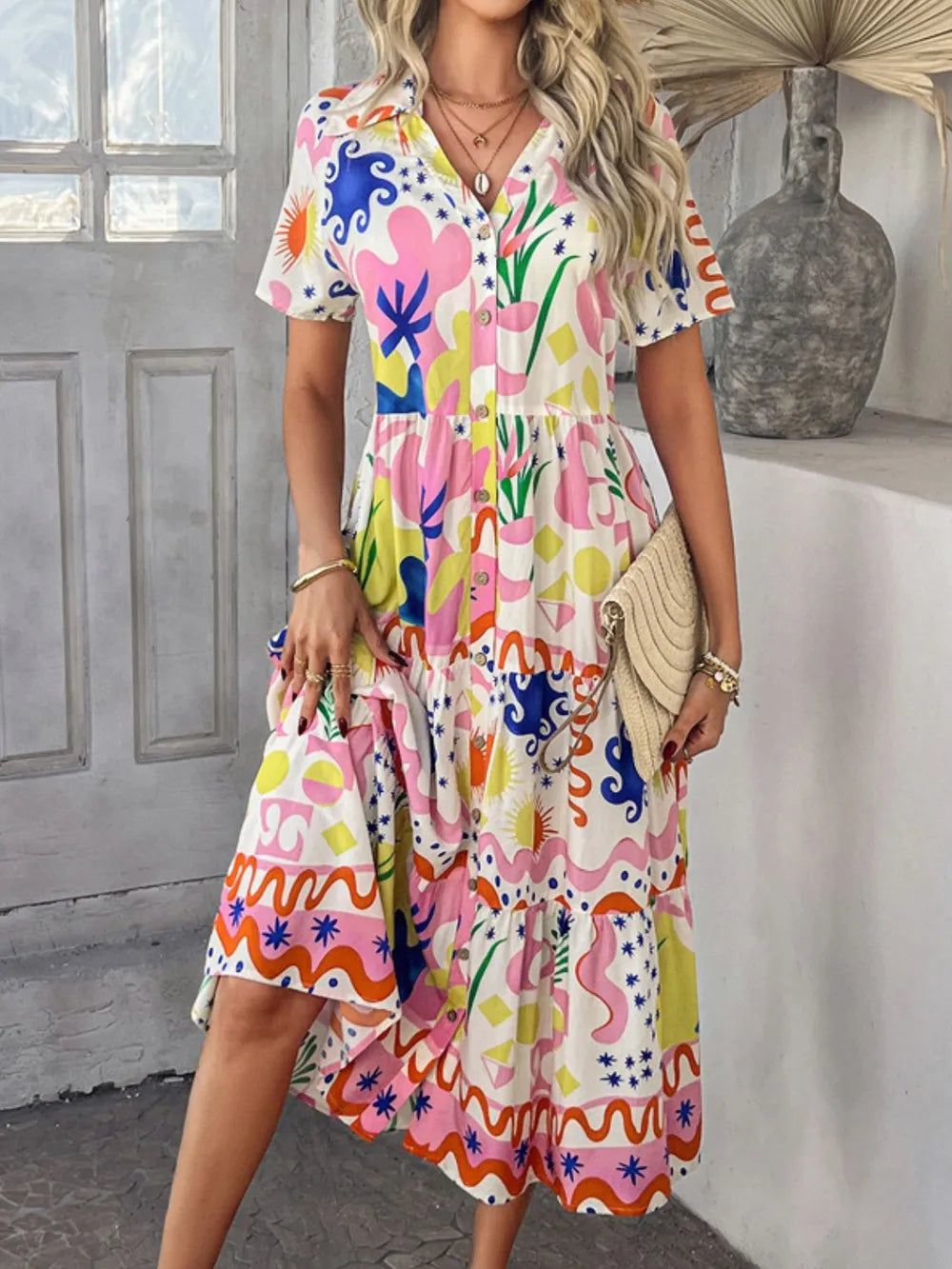 Devine Printed Johnny Collar Button Down Short Sleeve Midi Shirt Dress - Velora Luxury Fashion