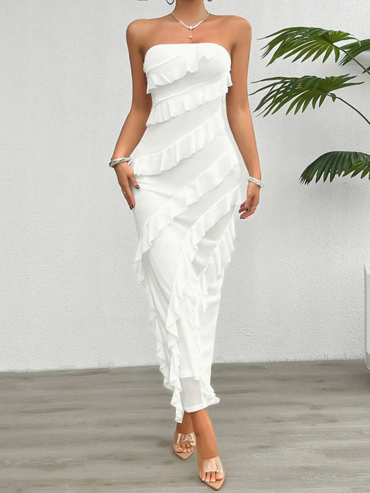 Devine Ruffled Slit Back Tube Maxi Dress - Velora