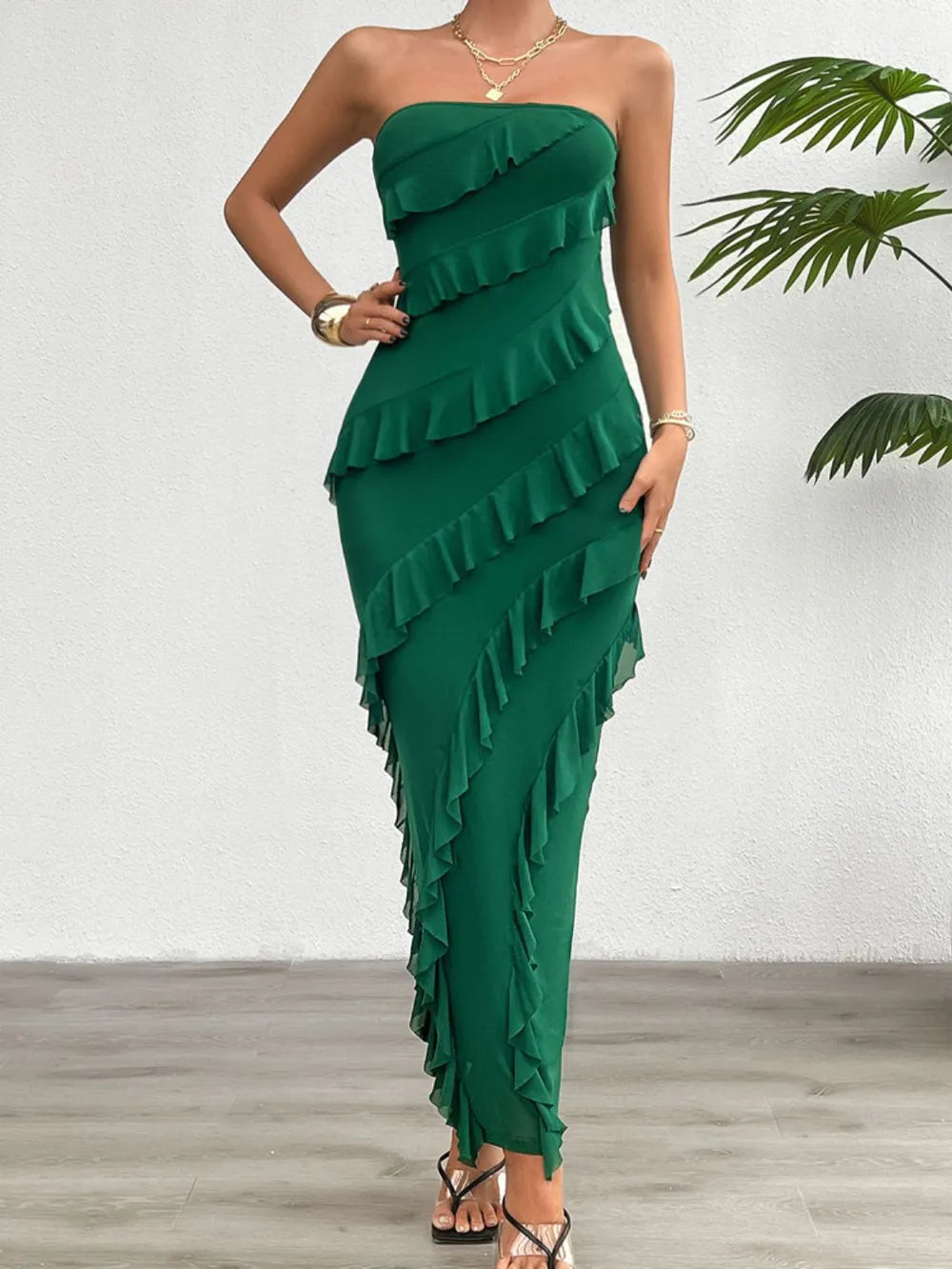 Devine Ruffled Slit Back Tube Maxi Dress - Velora