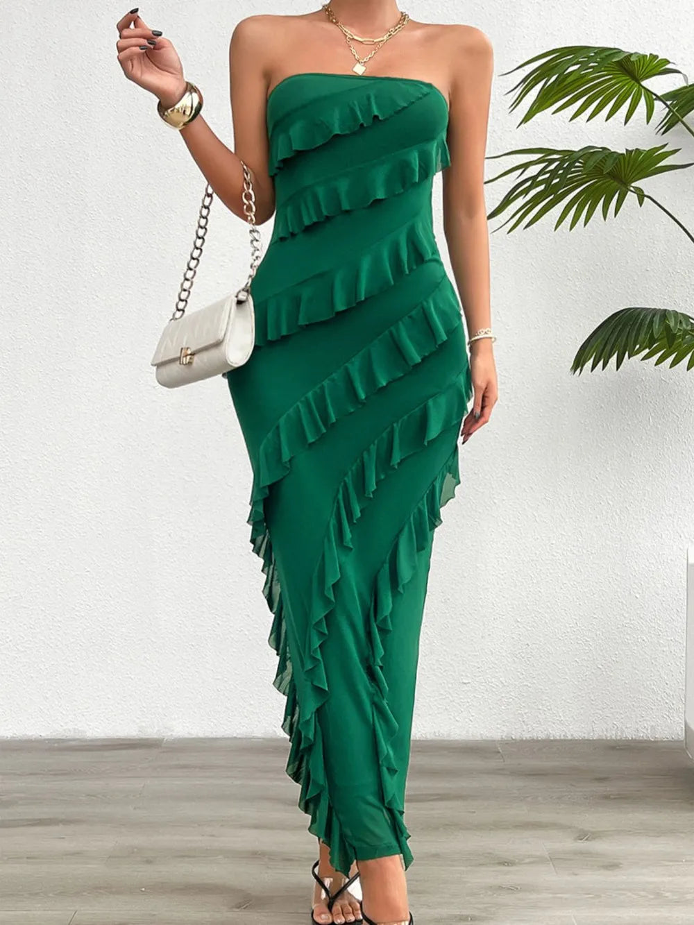 Devine Ruffled Slit Back Tube Maxi Dress - Velora
