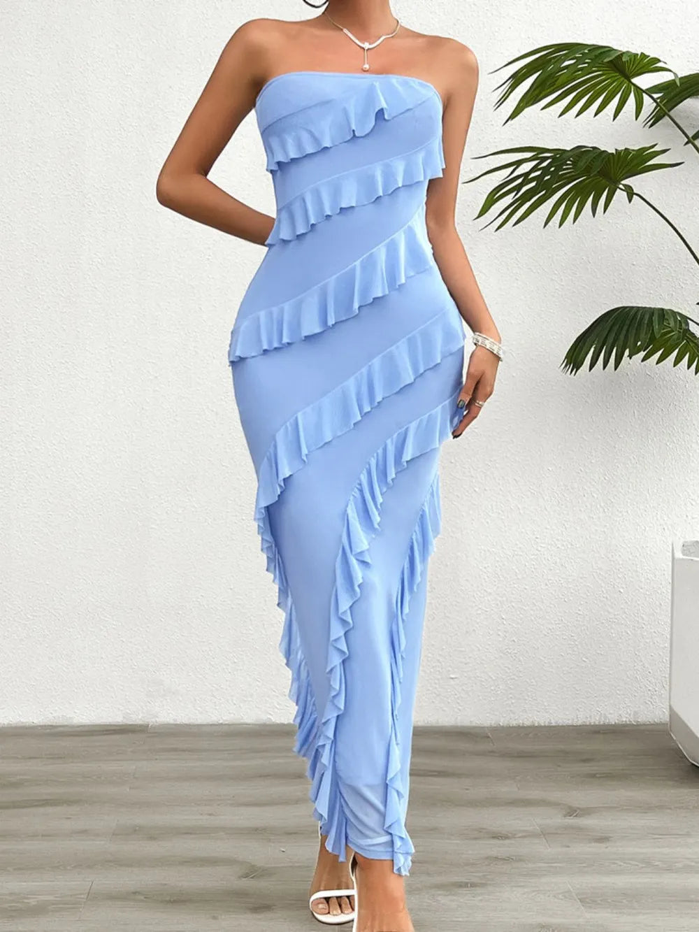 Devine Ruffled Slit Back Tube Maxi Dress - Velora