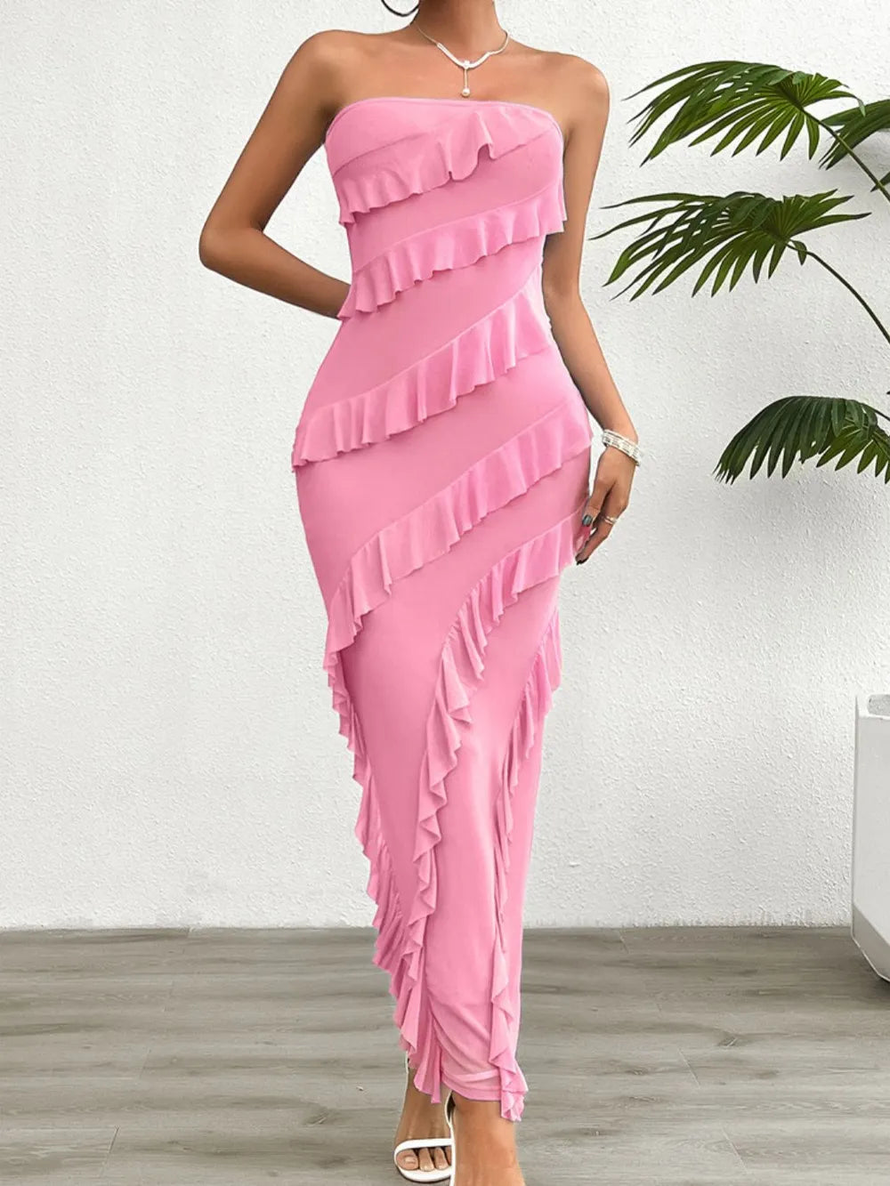Devine Ruffled Slit Back Tube Maxi Dress - Velora