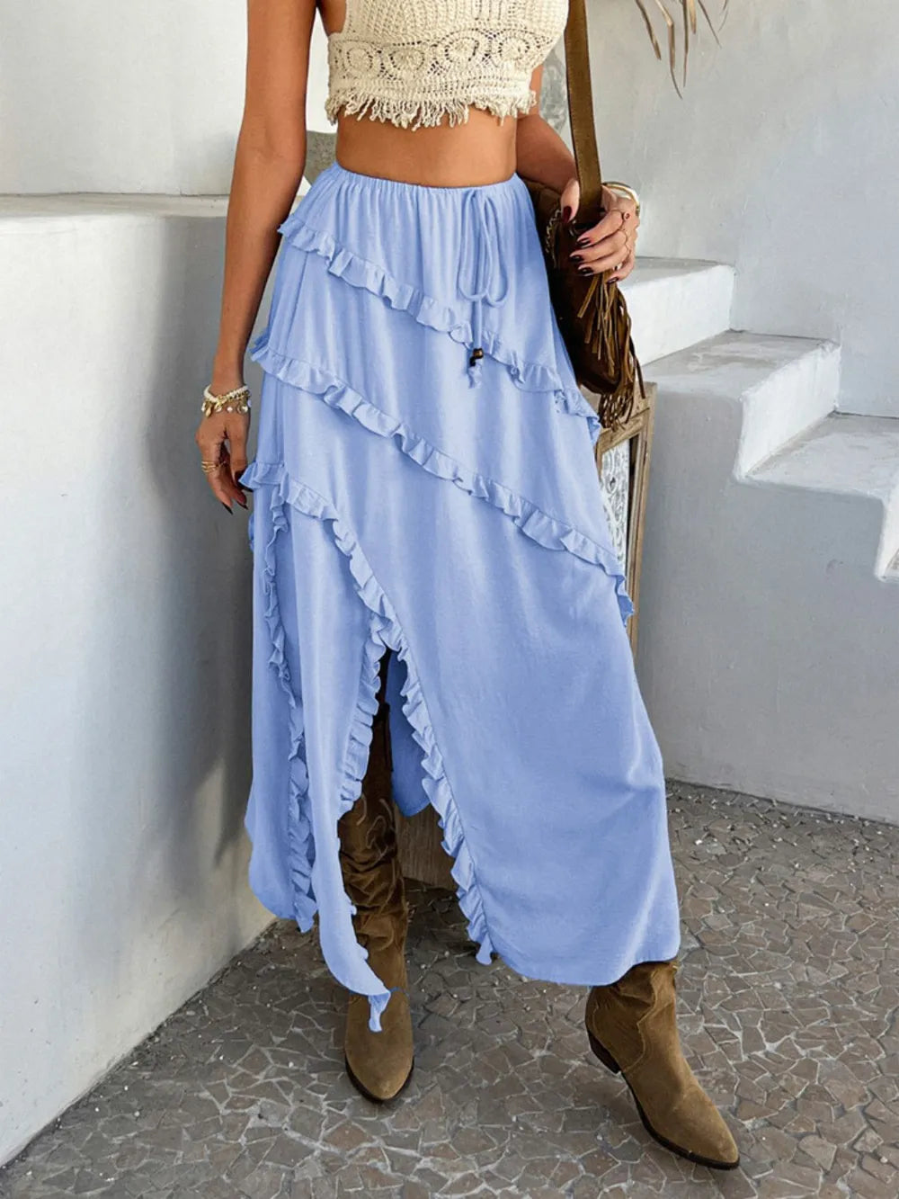 Devine Slit Drawstring Ruffled Skirt - Velora Luxury Fashion