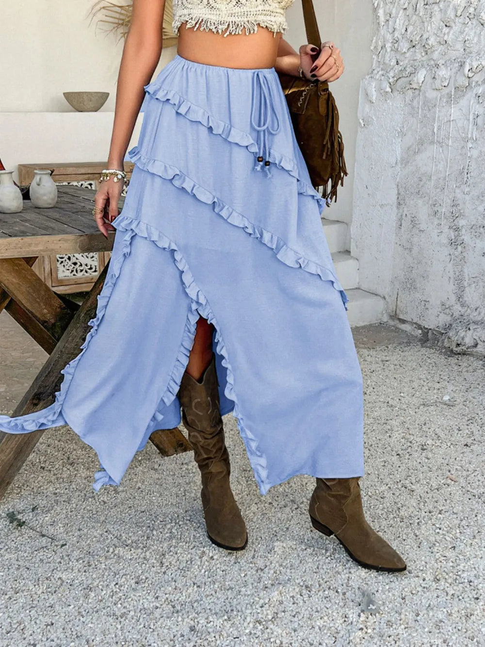 Devine Slit Drawstring Ruffled Skirt - Velora Luxury Fashion