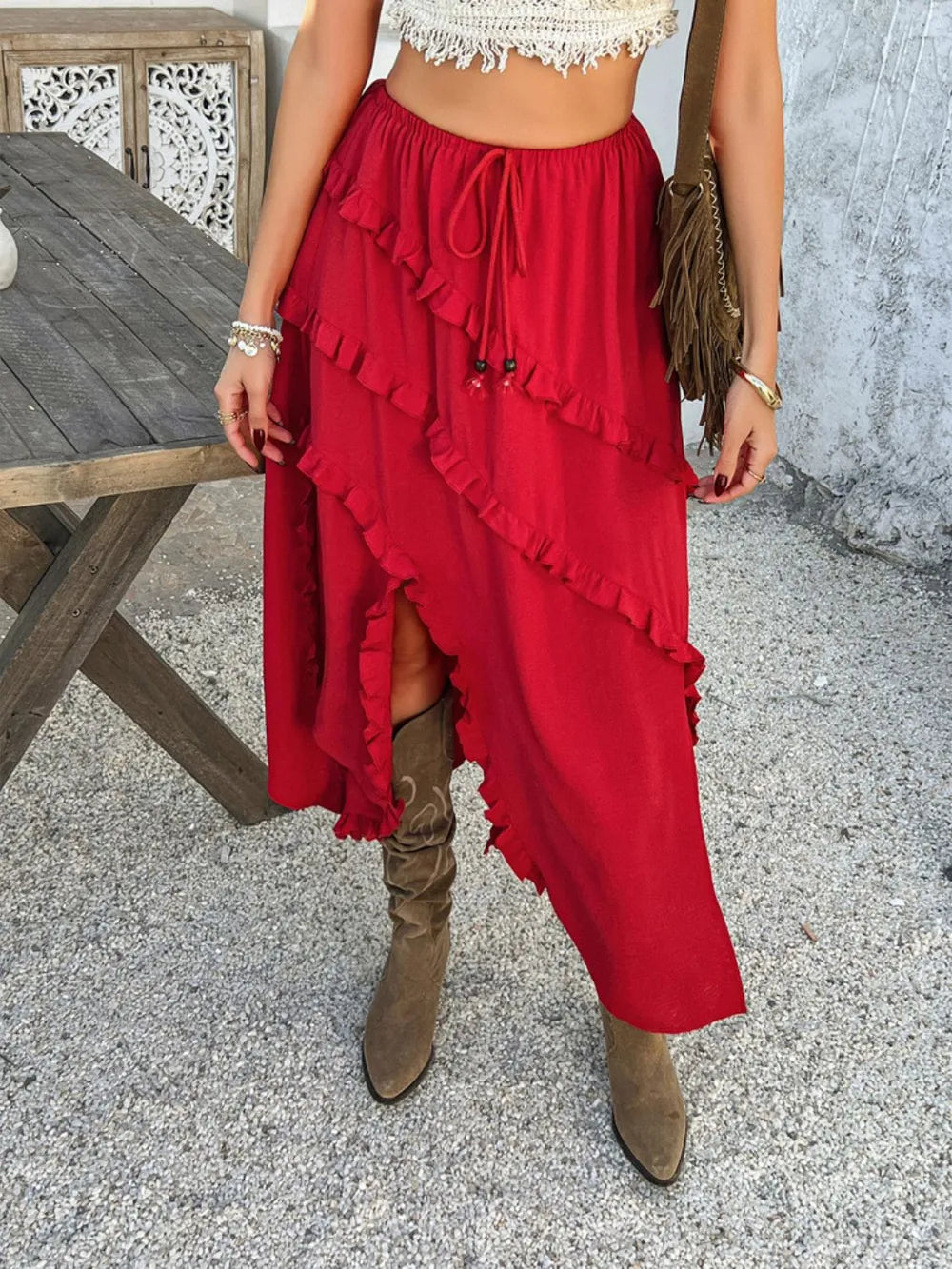 Devine Slit Drawstring Ruffled Skirt - Velora Luxury Fashion