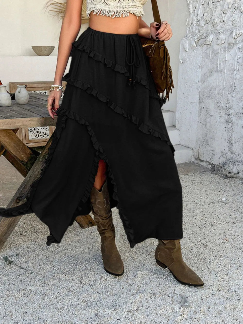 Devine Slit Drawstring Ruffled Skirt - Velora Luxury Fashion