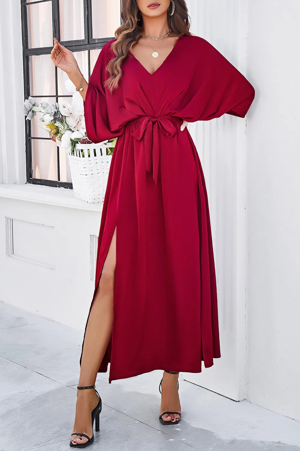Devine Slit Tied V-Neck Three-Quarter Sleeve Dress - Velora Luxury Fashion