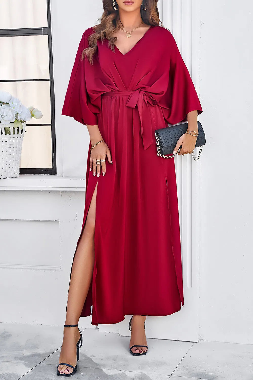 Devine Slit Tied V-Neck Three-Quarter Sleeve Dress - Velora Luxury Fashion