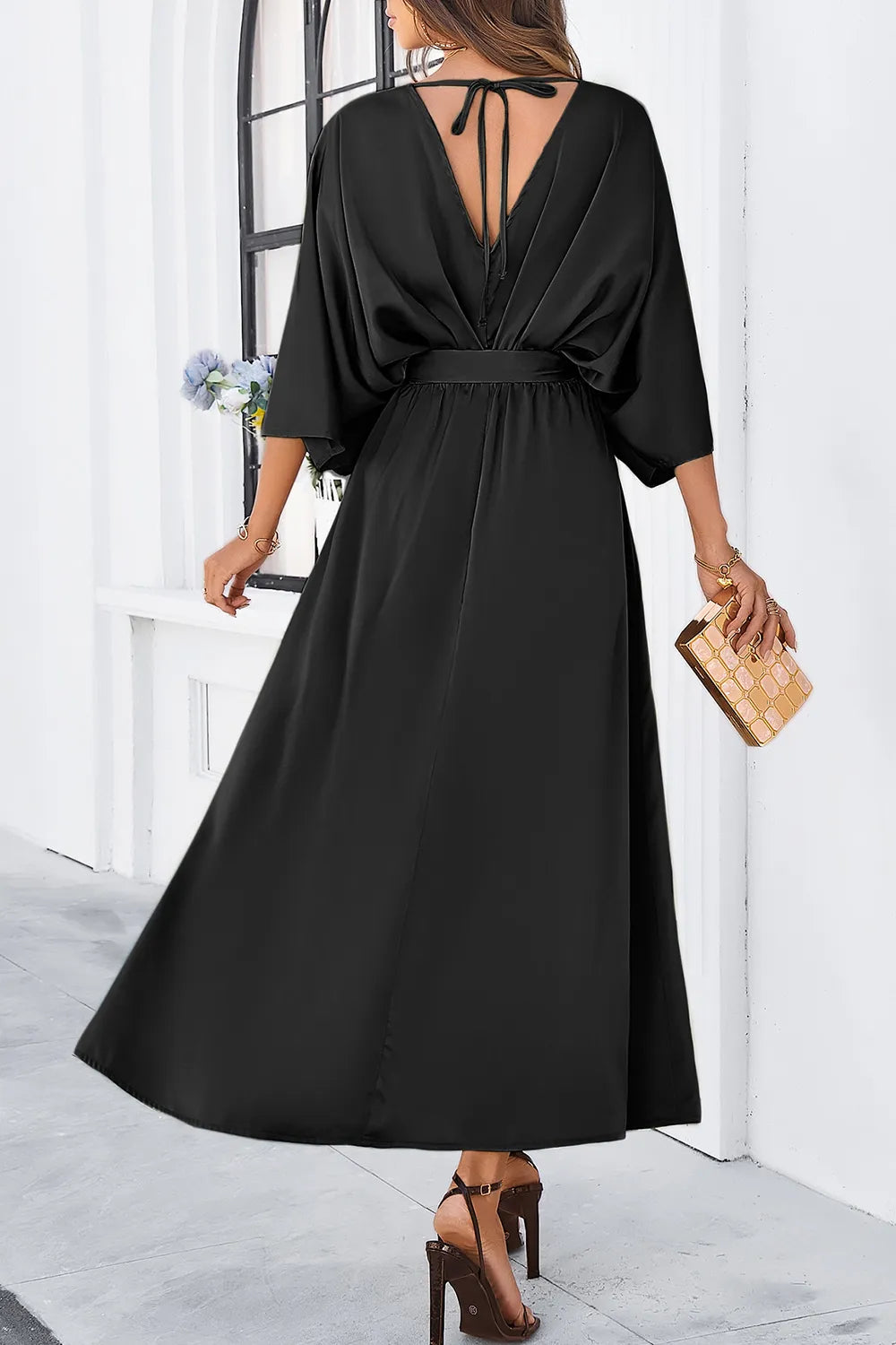 Devine Slit Tied V-Neck Three-Quarter Sleeve Dress - Velora Luxury Fashion