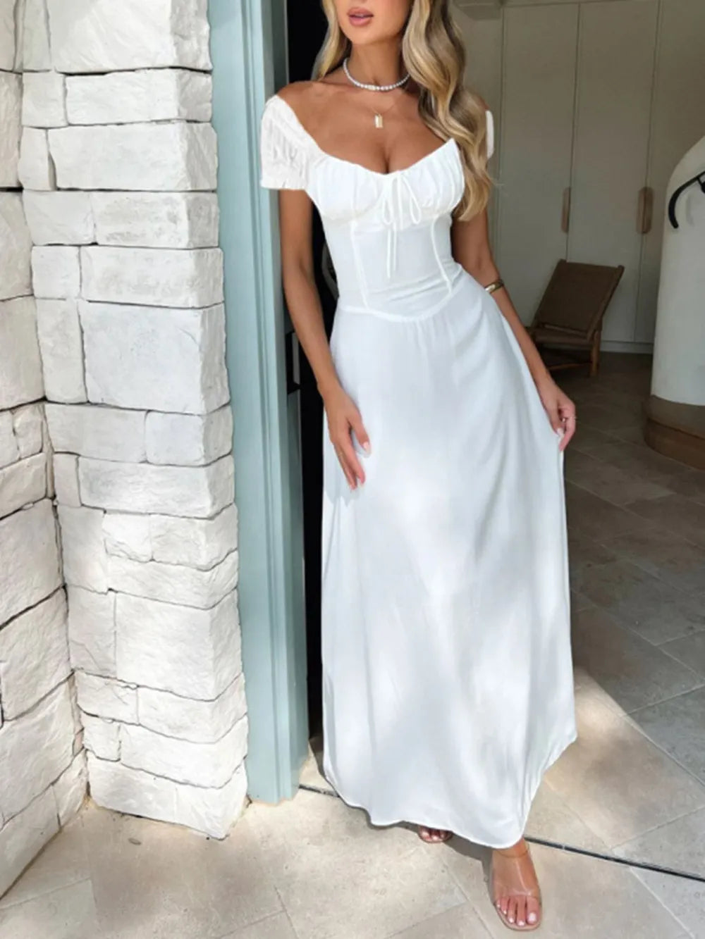Devine Sweetheart Neck Short Sleeve Maxi Dress - Velora Luxury Fashion