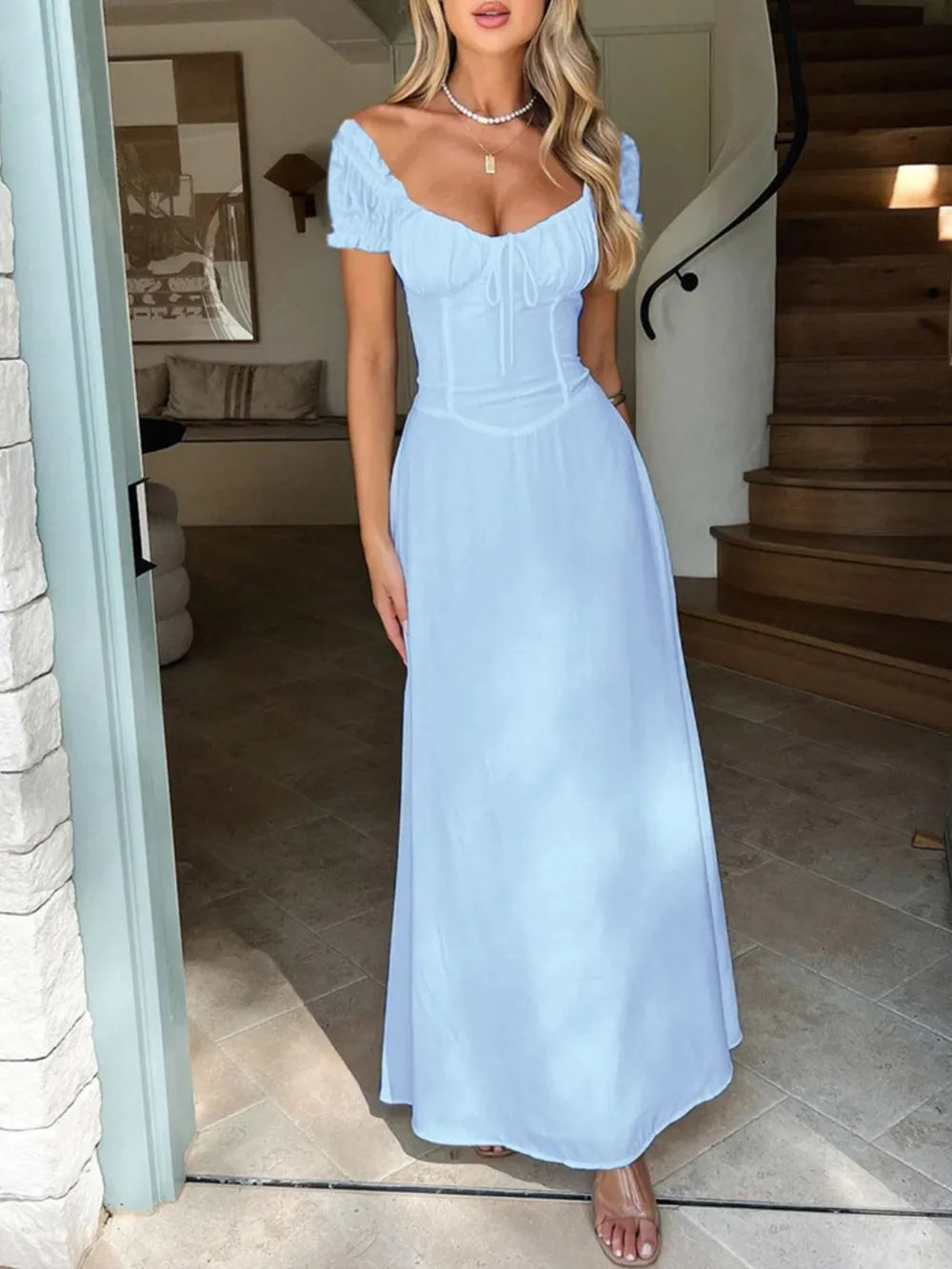 Devine Sweetheart Neck Short Sleeve Maxi Dress - Velora Luxury Fashion