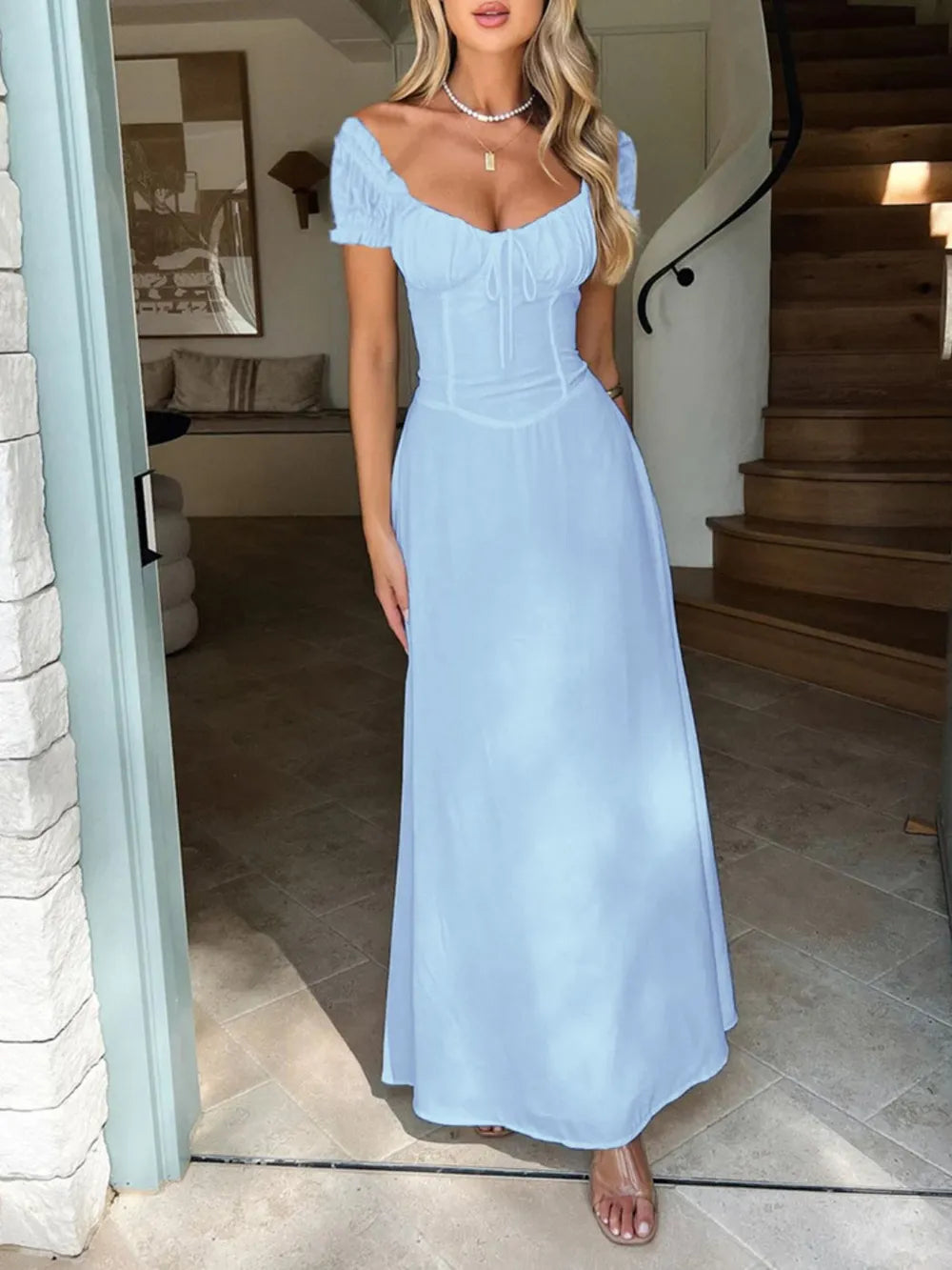Devine Sweetheart Neck Short Sleeve Maxi Dress - Velora Luxury Fashion