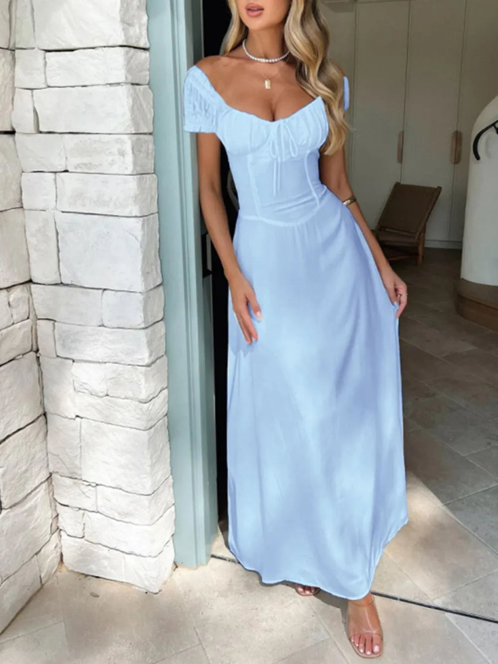 Devine Sweetheart Neck Short Sleeve Maxi Dress - Velora Luxury Fashion