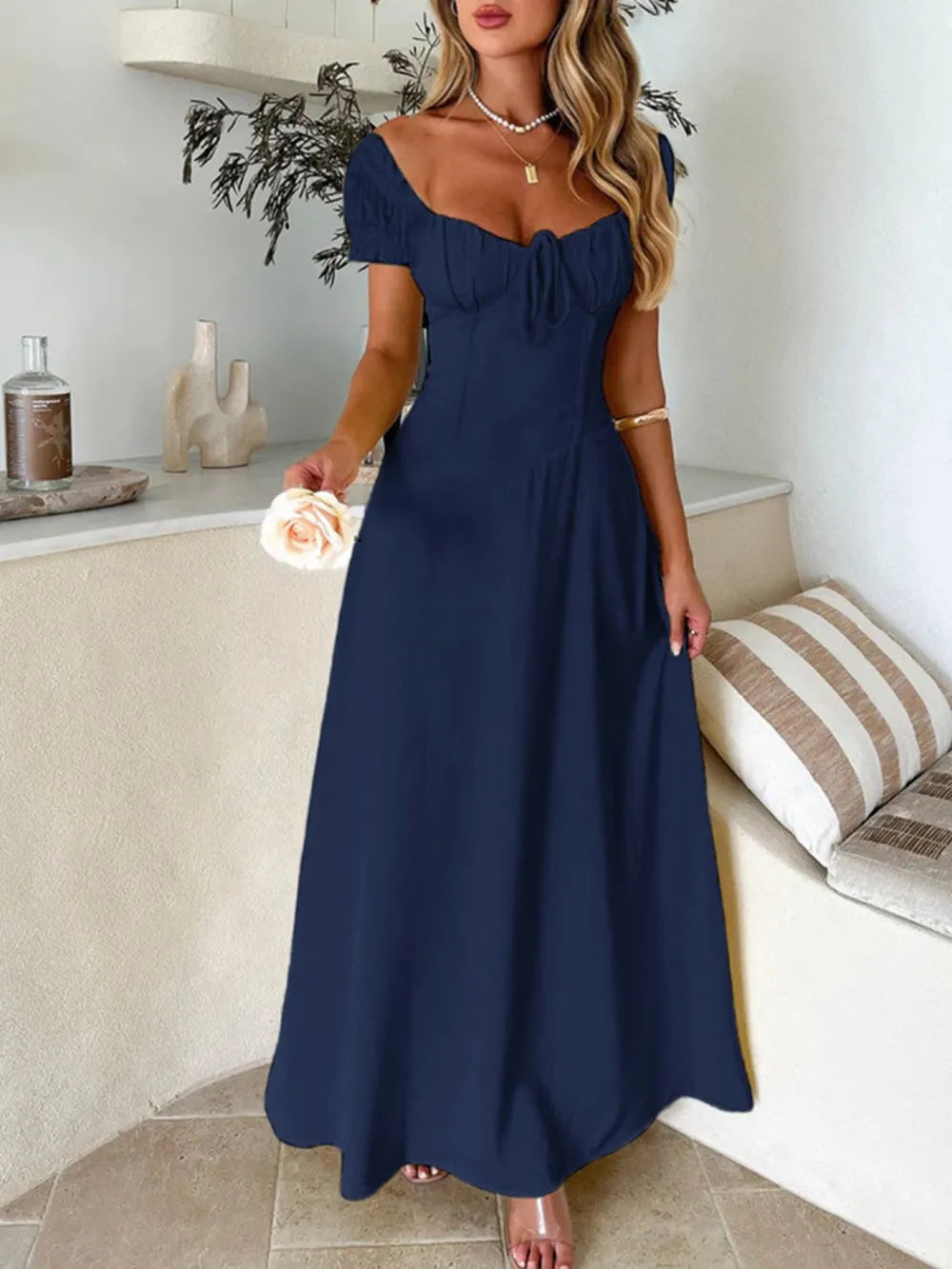 Devine Sweetheart Neck Short Sleeve Maxi Dress - Velora Luxury Fashion