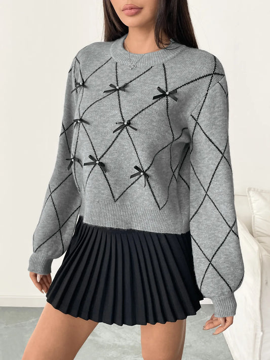 Diamond Pattern Bow Detail Sweater - Velora Luxury Fashion