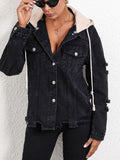 Distressed Drawstring Button Up Hooded Denim Jacket - Velora Luxury Fashion