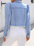 Distressed Puff Sleeve Wash Denim Jacket - Velora Luxury Fashion