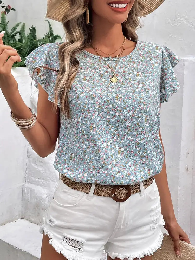 Ditsy Floral Round Neck Cap Sleeve Top - Velora Luxury Fashion