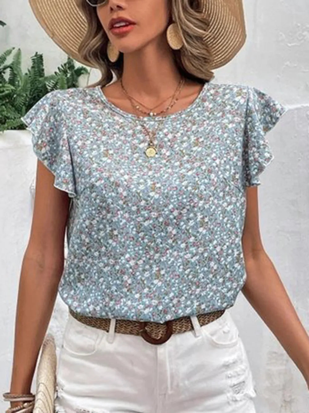 Ditsy Floral Round Neck Cap Sleeve Top - Velora Luxury Fashion