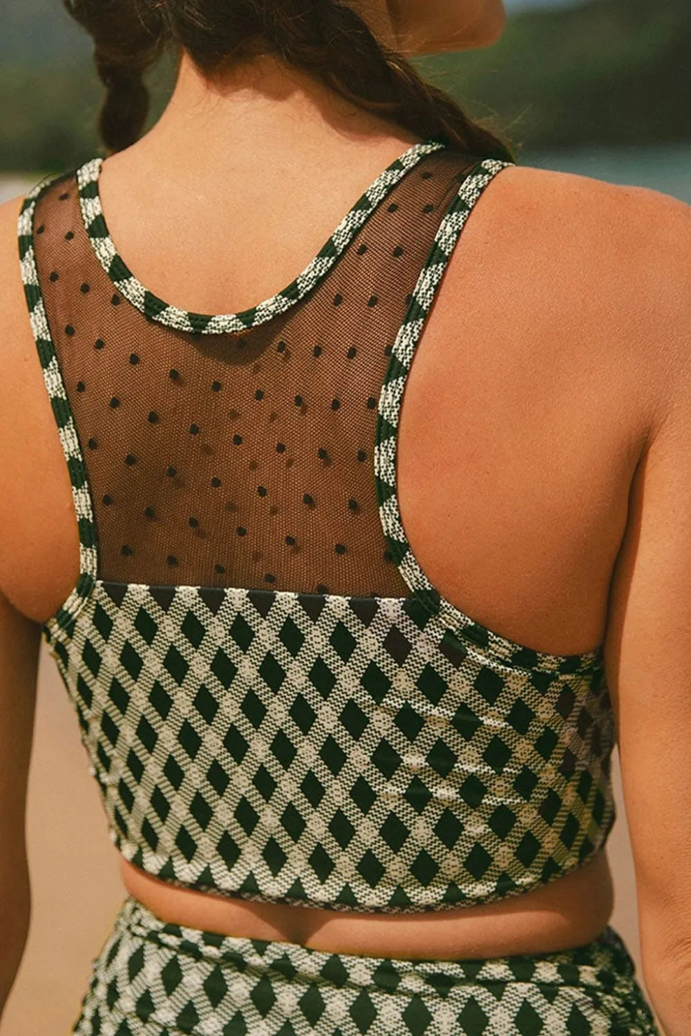 Dotted Mesh Plaid Patchwork High Waisted Swim Set - Velora Luxury Fashion
