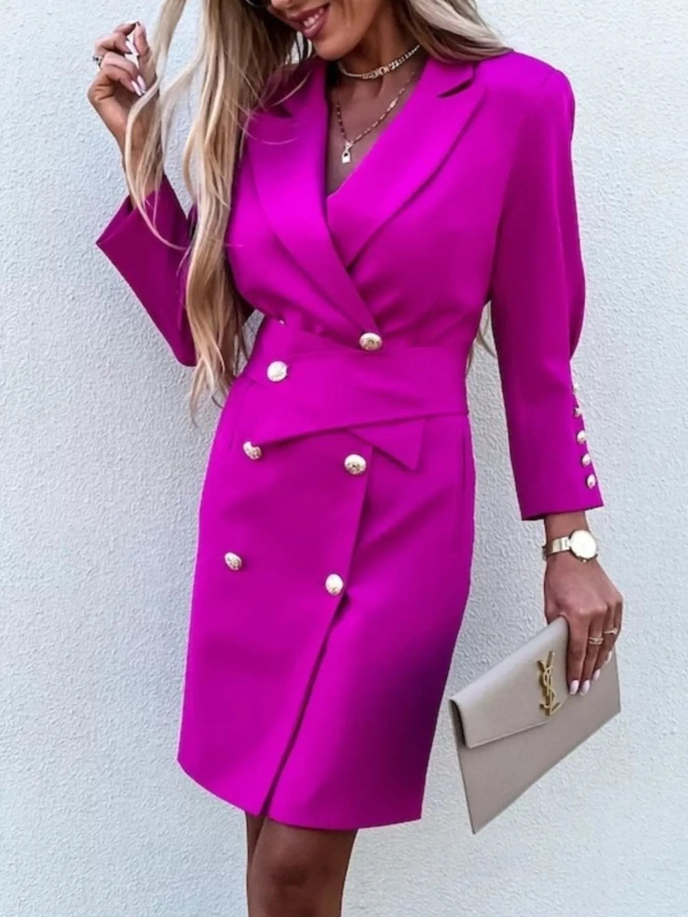 Double-Breasted Lapel Collar Longline Blazer - Velora Luxury Fashion