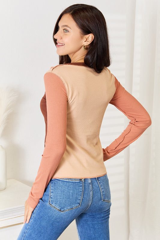 Double Take Color Block Exposed Seam Long Sleeve Top - Velora Luxury Fashion