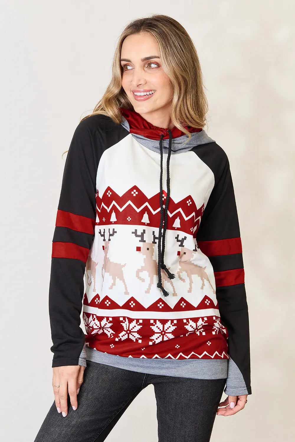 Double Take Full Size Christmas Drawstring Long Sleeve Hoodie - Velora Luxury Fashion