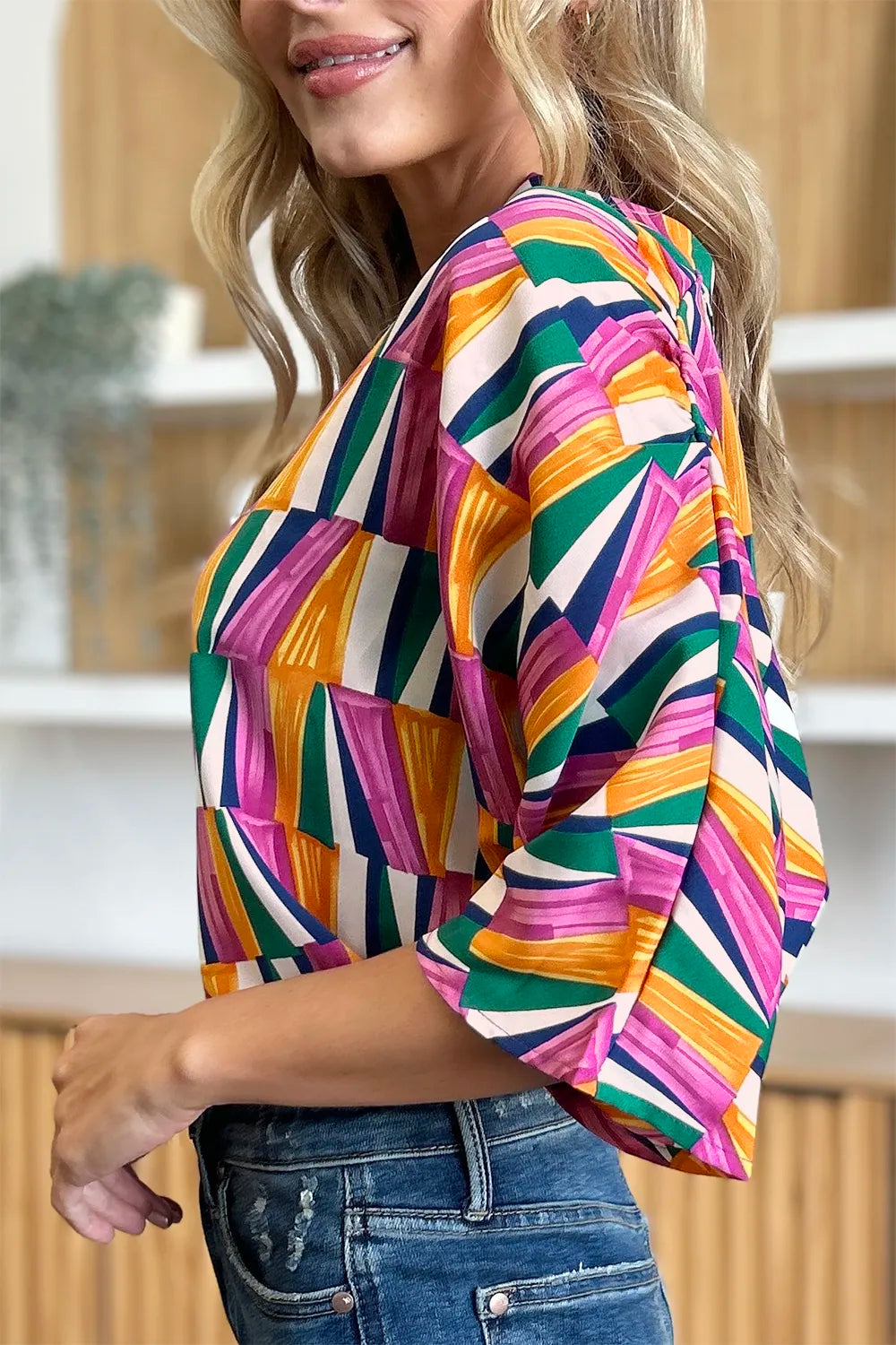 Double Take Full Size Geometric Notched Dolman Sleeve Top - Velora Luxury Fashion