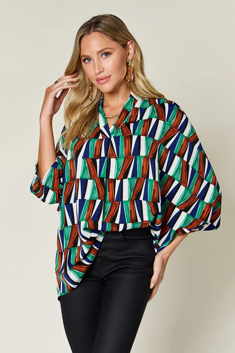 Double Take Full Size Geometric Notched Dolman Sleeve Top - Velora Luxury Fashion