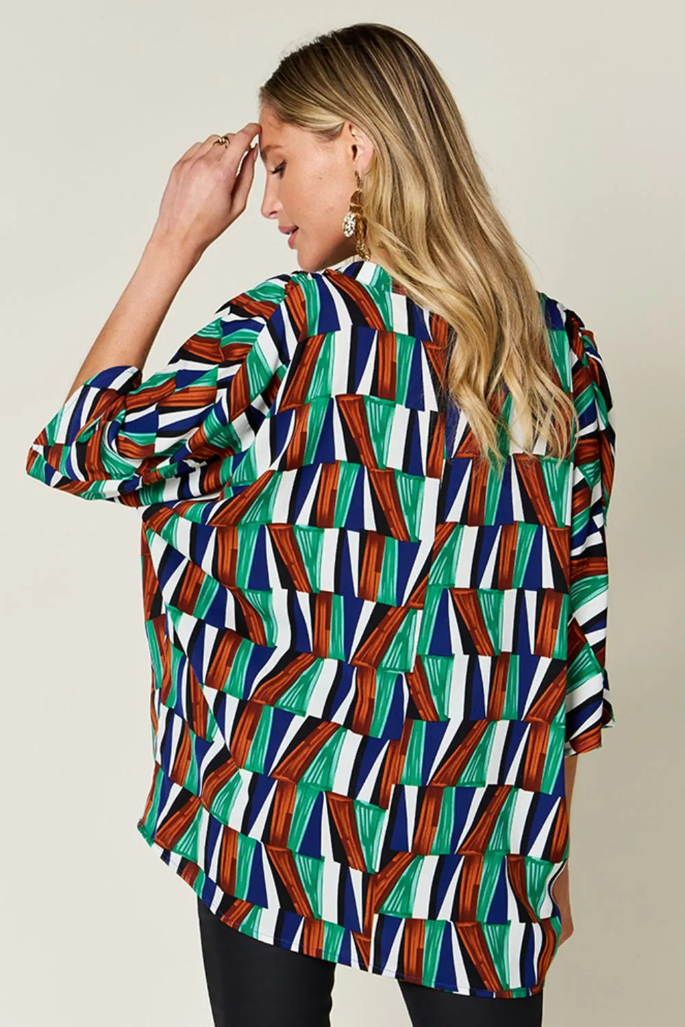Double Take Full Size Geometric Notched Dolman Sleeve Top - Velora Luxury Fashion