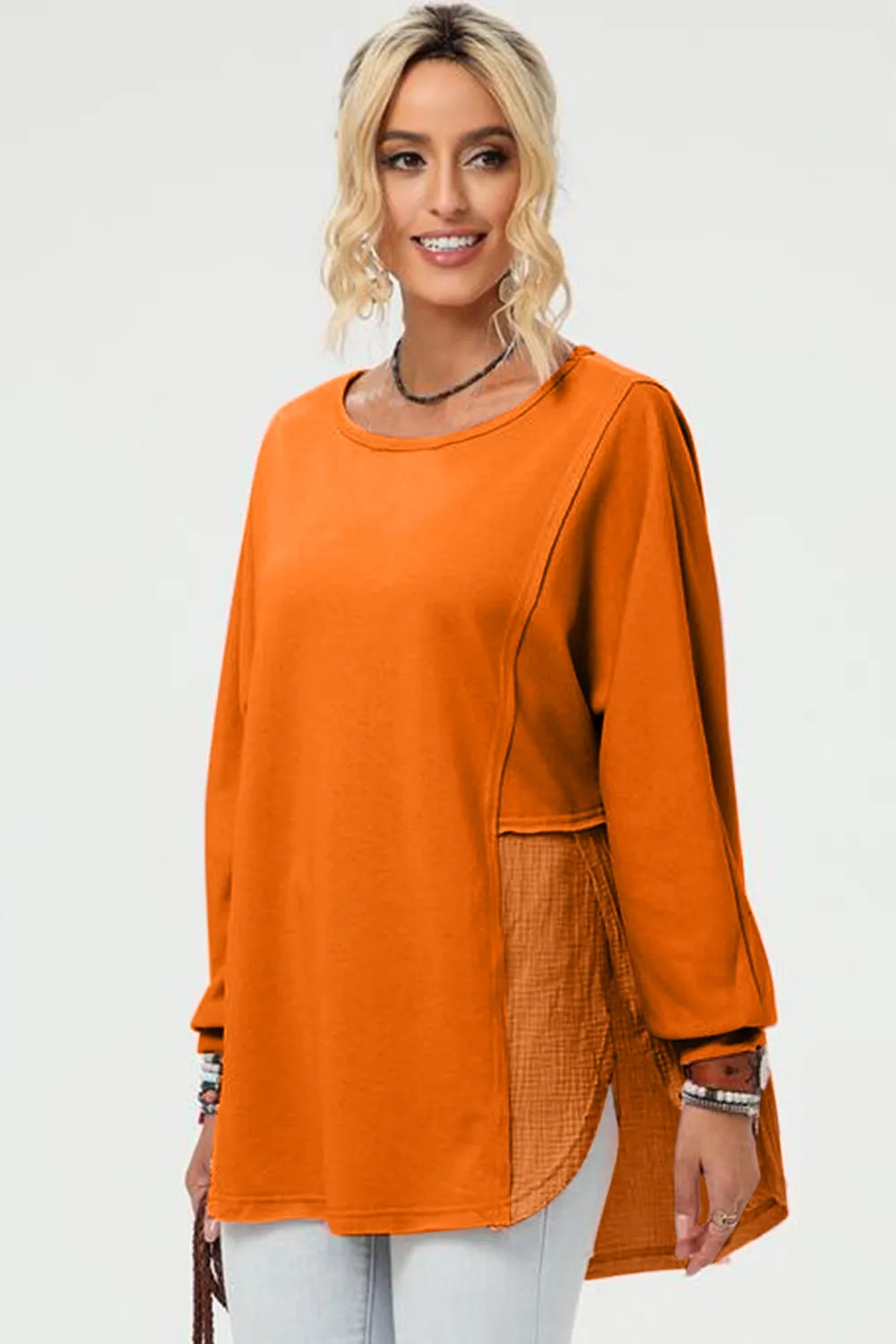 Double Take Full Size Long Sleeve High-Low T-Shirt - Velora Luxury Fashion