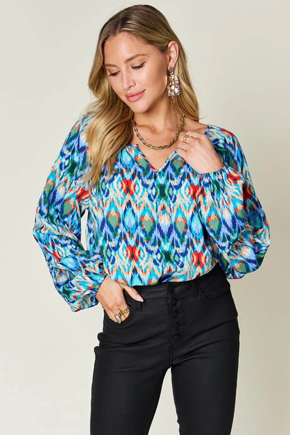 Double Take Full Size Printed Balloon Sleeve Blouse - Velora Luxury Fashion