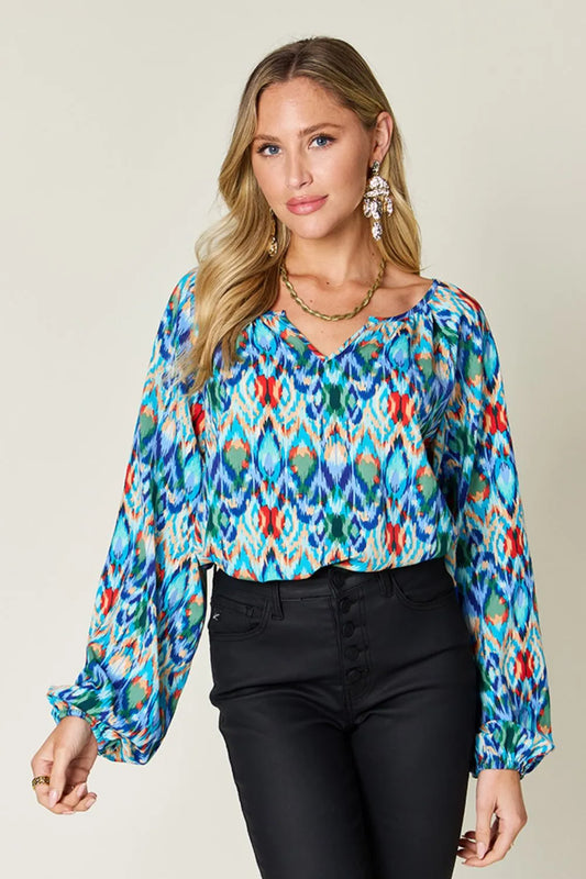 Double Take Full Size Printed Balloon Sleeve Blouse - Velora Luxury Fashion